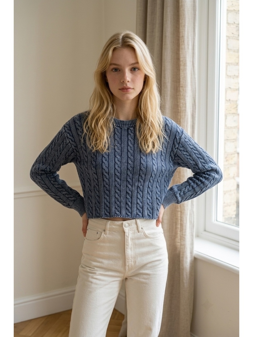 Aerie Women's Blue Cable Knit Cropped Sweater, Size Small
